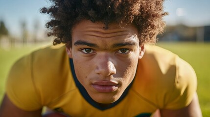 A focused athlete in a yellow uniform getting ready for competition.