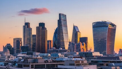 Modern cityscape at sunset with sleek skyscrapers and vibrant sky