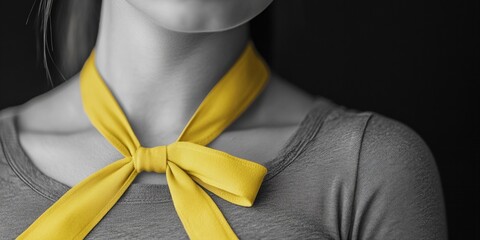 Black and white portrait of young female with a single bright spot - the yellow ribbon around her neck. The rest is darkened, highlighting her neckline and the vibrant bow tie accent.