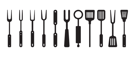 Black silhouette kitchen utensils set, grilling tools icons.