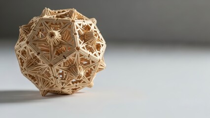 Intricate Wooden Geometric Sculpture on a Minimalist Background.