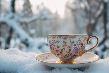 Elegant tea cup with floral design resting on a snow-covered table