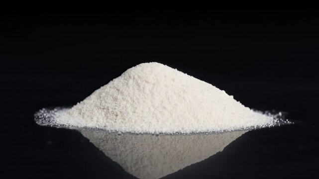 Clean, high-contrast video of white sports supplement powder on black background, ideal for commercial use in fitness, nutrition, and supplement advertising, featuring bcaa, featuring Glucosamine, fea