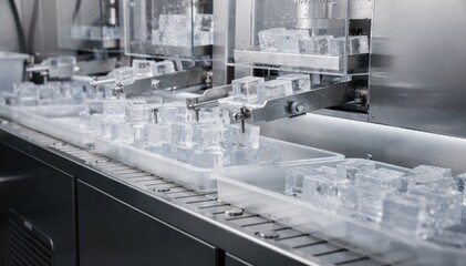 Close medium angle on gourmet ice machines delicately forming artisan cubes separating them gently before smooth transport to storage in a controlled environment.