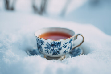 Delicate tea cup resting in fresh snow