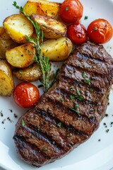 A meal ready to be enjoyed, featuring a seared steak and diced potatoes garnished with cherry tomatoes.