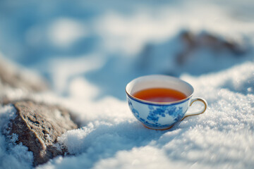 delicate tea cup filled with tea resting on a snowy landscape
