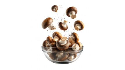 Fresh brown mushrooms dynamically falling into a clear glass bowl against a dark background