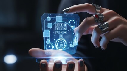 A futuristic hand with metallic rings interacting with a holographic digital interface