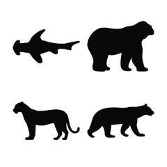 Bold black silhouettes featuring diverse wildlife: hammerhead shark, bear, and big cat