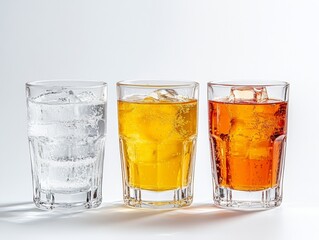 Ice cubes floating in the liquid, each cup containing a different flavorful drink.