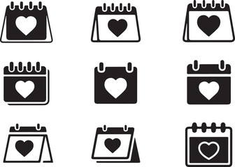 Love Calendar Heart Icons Vector Set, Love Silhouette Icon Set, Wedding Date Symbol Set, Anniversary Vector Set, Heart Symbol Set.