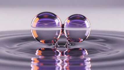 Two glossy translucent purple spheres connected like a drop of liquid resting on a rippling reflective dark metallic surface