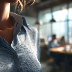 Detail of a Woman's Professional Blue Striped Shirt in a Bright Modern Office Setting