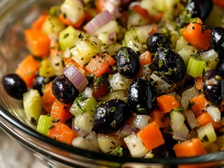 A close-up image of a fresh vegetable salad with carrots and black olives.