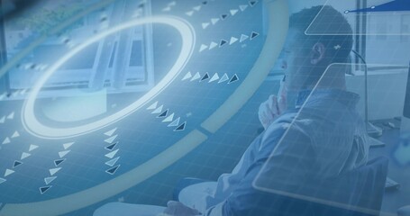 Sitting mid-adult man in light shirt and glasses resting chin viewing digital  overlay, copy space