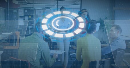 Presenting woman in white blouse holding papers and leading meeting in office, showing HUD panels
