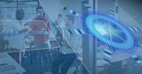 Discussing casual business colleagues holding coffee, laptops at high tables in open office, HUD