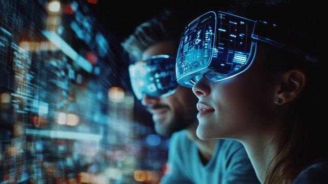 Two people immersed in virtual reality with glowing interfaces surrounding them, symbolizing the futuristic interface of technology. - Powered by Adobe