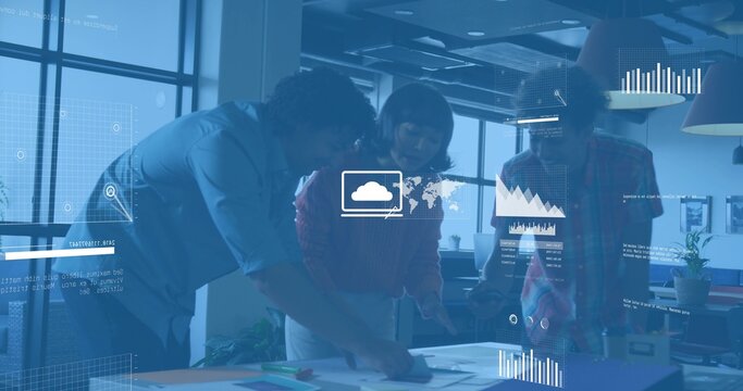 Discussing team wearing red, blue, plaid at office table, viewing papers, smartphone, data overlays - Powered by Adobe