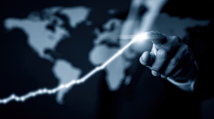 A hand points to a world map, symbolizing global connection, technology, and data analysis in a sleek, modern design.