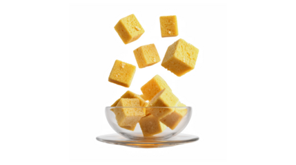 Golden yellow sponge cake cubes gracefully falling into a clear glass bowl, isolated