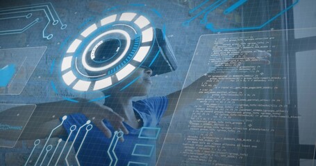 Exploring child wearing blue shirt, VR headset navigating holo code panels in room with glowing HUD