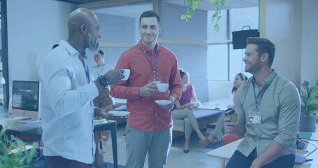 Chatting three men wearing shirts holding coffee cups and travel mug in open office with lanyards