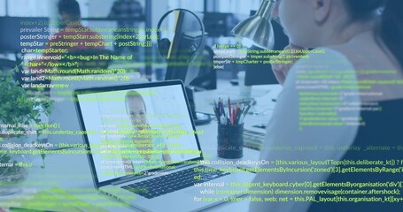 Coding woman with glasses, dark-top, typing on laptop at office desk with code overlay, copy space