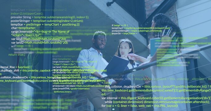 Discussing team in office wear pointing and reviewing code on office stairs, laptop tablet notebook - Powered by Adobe