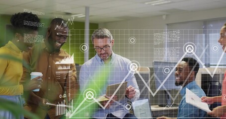 Reviewing charts team leader wearing business attire guiding project review in office with tablet