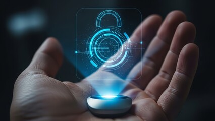 A hand holding a small device with a glowing blue lock on the screen