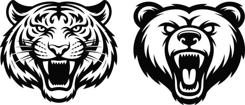 Aggressive tiger and grizzly bear head vector illustrations, black and white wild animal mascot logos with open mouths
