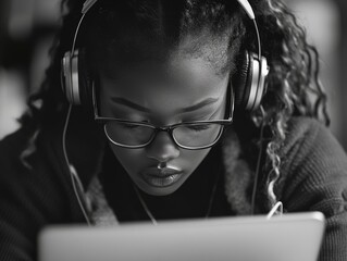 A woman wearing glasses and headphones is looking at a laptop. She is wearing a necklace and a bracelet
