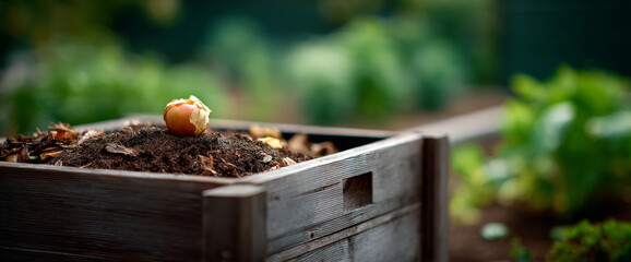 Close-up of a wooden planter box filled with soil and a single sprouting onion bulb in a garden setting with blurred green plants in the background