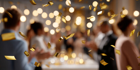 Blurred group of people celebrating indoors with golden confetti falling and warm bokeh lights in background, festive atmosphere
