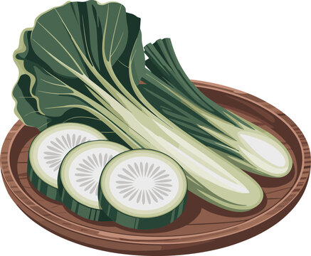Fresh tindora vegetables rest on a wooden platter with slices arranged food vector on white background.