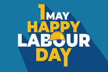 Happy labour day celebration graphic with a construction helmet and bold typography