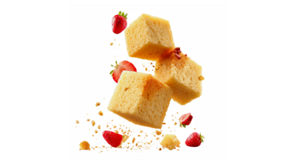 Delicious golden cake squares and fresh strawberries gracefully suspended in air