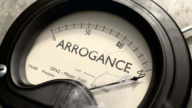 Arrogance meter showing high levels of arrogance. Dangerously increasing values of arrogance, critical overload. Too much, off the charts. Max arrogance ,3d illustration