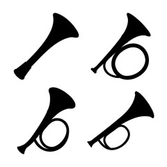 Collection of four distinct black silhouettes of brass instruments, including various horns and trumpets