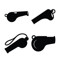 Collection of four black whistle icons or silhouettes, ideal for sports and warning visuals
