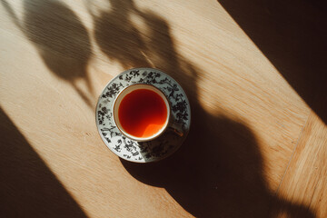 Cup Of Tea On A Table, smooth soft shadow, dominant colors black, gray, website header, social media banner, app UI, presentation background