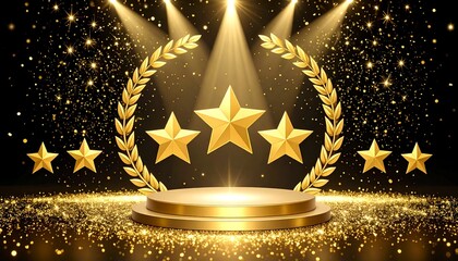 Golden Podium with Stars and Laurel Wreath　黒背景に金色の星と月桂冠が輝く豪華な表彰台の背景　デジタルイラスト