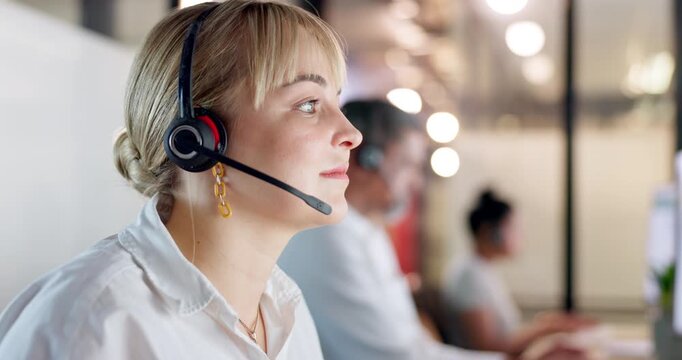 Woman, reading and customer service with headset for crm, call center and bokeh in office. Consultant, technology and advice agency with typing, problem solving and operator with help desk at night