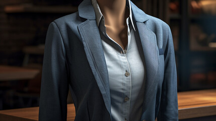 Close-up detail of a professional blue linen suit jacket and light blue button-down shirt for men's fashion
