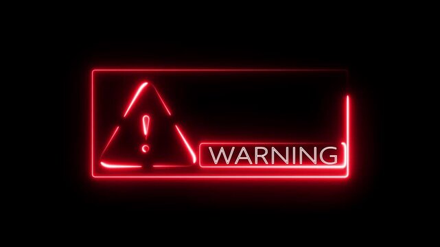 Glowing red neon system warning symbol icon that represents danger. Futuristic digital security concept suitable for access restriction messages and technology related warning on black background.