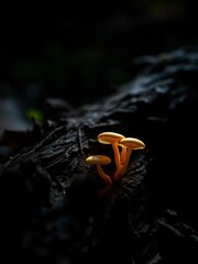 Fungal glow illuminates decaying wood, a quiet cycle of rebirth ,  shadows,  chiaroscuro