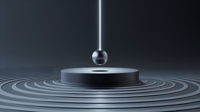 Metal sphere suspended over concentric ripple ring on platform, symbolizing leadership development concept, influence ripple, balance, strategic impact.