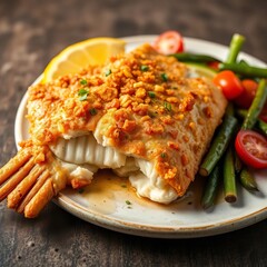 Crispy fish fillet with a side of vegetables, seafood dish,  vegetables,  protein